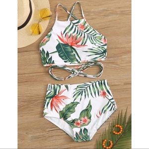 Tropical Crisscross High Waisted Bikini Swimsuit